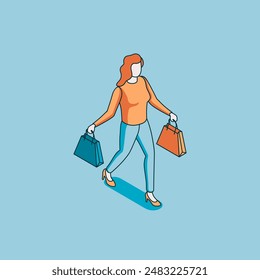 isometric vector walking with shopping bags young woman linear icon, in color on a blue background, shopping and sales