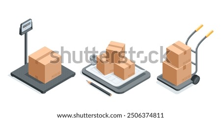 isometric vector warehouse scales with box and tablet with waybill and wheelbarrow, in color on white background, set of design objects on the theme of postal items or parcels