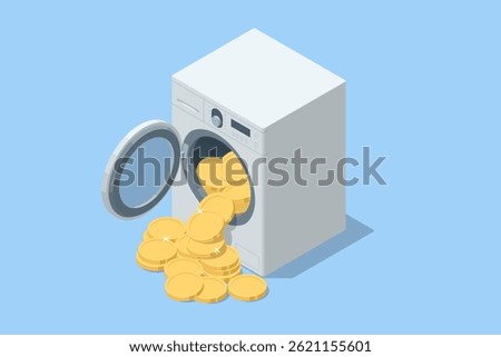 Isometric vector of a washing machine spilling gold coins, symbolizing money laundering. Illegal money metaphor for financial crime and laundering