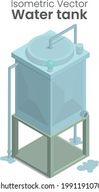 Vector isométrico del depósito modular de agua como sistema de tratamiento de residuos o sistema de filtrado. El tanque colocado en un puesto alto.