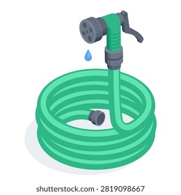 Isometric vector watering hose, in color on a white background, accessories for working in a garden or on a summer cottage