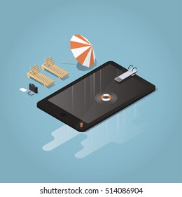 Isometric vector waterproof device concept illustration. Tablet or phone represented as a pool with diving board, lifebuoy, sunbed, umbrella, briefcase,glasses. Big puddle of water is under the device