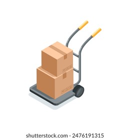 isometric vector wheelbarrow with boxes, in color on white background, warehouse inventory or parcel delivery