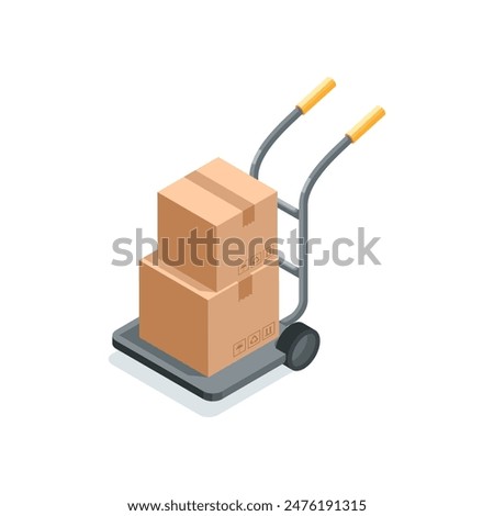 isometric vector wheelbarrow with boxes, in color on white background, warehouse inventory or parcel delivery