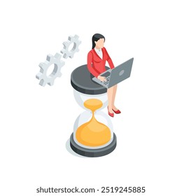 isometric vector woman in business suit with laptop sits on hourglass, in color on white background, deadline or working hours