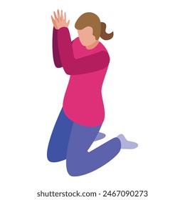 Isometric vector of a woman in casual clothes, kneeling with one hand up, in a simplified style