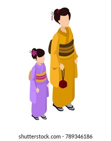 Isometric vector woman with girl mother and walking oriental traditional kimono hakama haori walking man japan