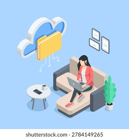 Isometric vector woman with laptop on sofa and cloud with folder, in color on blue background, work from home