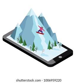 Isometric vector woman pulls off the mountain. Mobile navigation. Videos and photos keeped in phone memory. Snowboarding, winter sport. Olimpic games, recreation lifestyle, activity speed extreme