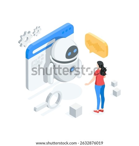 isometric vector woman talking to robot on program window, in color on white background, artificial intelligence or virtual assistant or AI chat