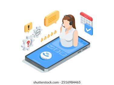 isometric vector woman telephone operator on smartphone screen, in color on white background, help desk or call center
