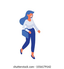 Isometric vector woman walking. Business people character. Front view. Isometric vector isolated illustration.	
