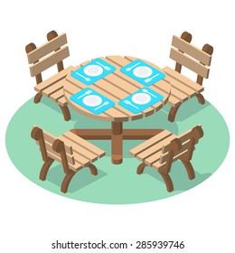 Isometric vector of wooden dinner table with cutlery and four chairs. Perfect for cafe, restaurant, interior design, menus, or hospitality-related projects in clean, modern style.