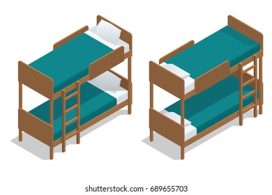 Isometric vector wooden two-storeyed bed separately on a white background. Living-room in a hostel with two bunk beds. Camp Cabin.