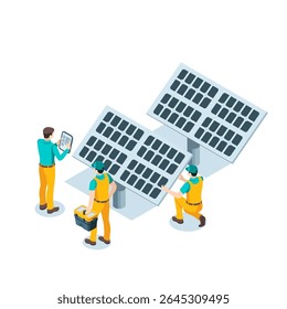 Trabalhadores de vetor isométrico perto dos painéis solares, em cor sobre um fundo branco, manutenção e instalação de painéis solares elétricos