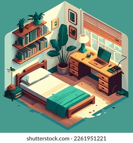 Isometric vector workplace in home bedroom. Work desks and chairs, modern widescreen computer monitors, floor lamps, chairs, bookshelves