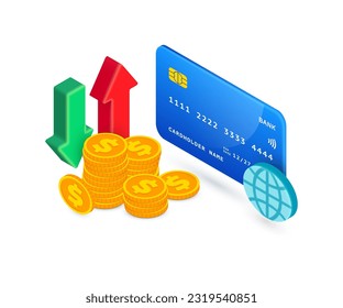 Isometric Vector world currency exchange concept. 3d Gold dollar coin stack, green and red arrows and credit card on white. World investment, international banking concept, money exchange illustration