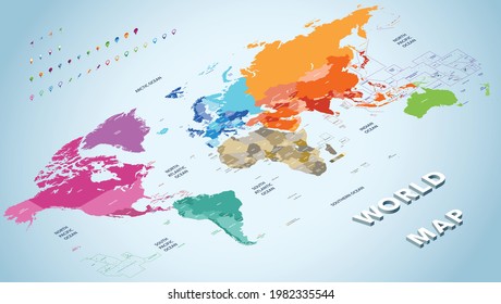 Isometric vector world map colored by continents with countries names. Navigation and location icons set