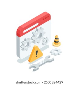 Llave de Vector isométrica cerca de una ventana de programa con engranajes y un signo de exclamación, en color sobre un fondo blanco, recuperación o reparación del sistema