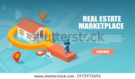 Isometric vector of a young couple searching a new home to buy 