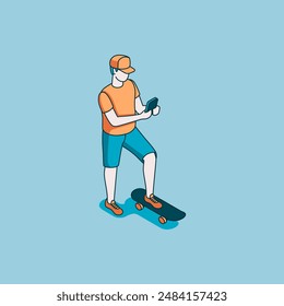 isometric vector young man with a smartphone on a skateboard, in color on a blue background, linear icon or modern people in society