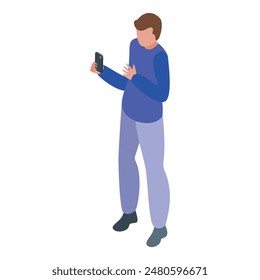 Isometric vector of a young man standing and engrossed in using his smartphone