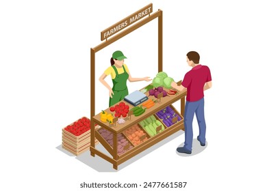 Isometric Vegetables Sale. Farmer sells fresh vegetables. Natural fresh products. Sellers and marketing concept. Farmer market