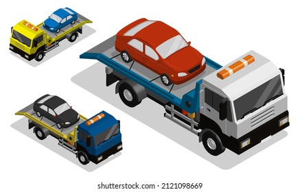 Isometric vehicle for evacuation of broken cars. Tow truck for transporting to car impound. Realistic 3D vector isolated on white background