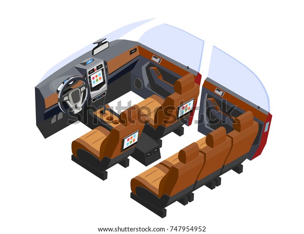 Isometric vehicle\
interior car multimedia\
vector