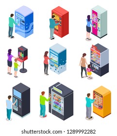 Isometric vending machine and people. Customers buy snacks, soda drinks and tickets in vending machines. 3d vector icons