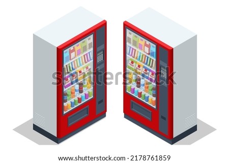 Isometric vending machines. Vending machines full of beverages and snacks