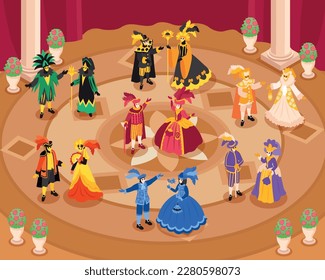 Isometric venetian costumes carnival composition with indoor scenery luxury interior and human characters wearing medieval outfits vector illustration