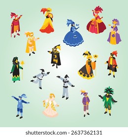 Isometric venetian costumes carnival icon set with isolated human characters wearing different colourful suits with masks vector illustration