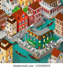 Isometric venice building and people activity