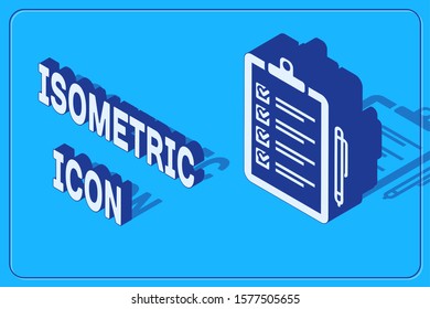 Isometric Verification of delivery list clipboard and pen icon isolated on blue background.  Vector Illustration
