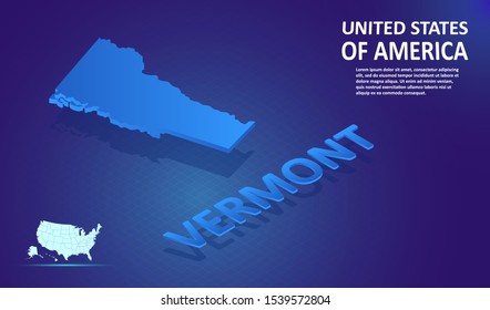 Isometric VERMONT State map on blue and glowing background. 3D Detailed Map in perspective with place for your text or description.Technology Information Graphic Elements for Website, app, UI, Travel