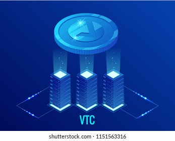 Isometric Vertcoin VTC Cryptocurrency mining farm. Blockchain technology, cryptocurrency and a digital payment network for financial transactions. Abstract blue background.