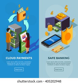 Isometric vertical bank banners with safe banking icons and cloud payments concept with people near terminal vector illustration 