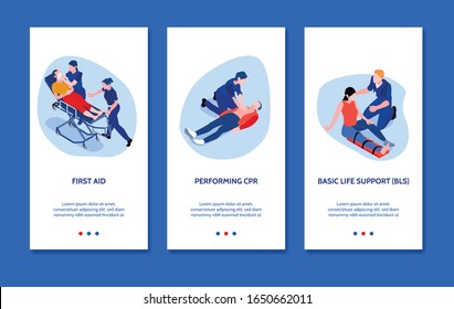 Isometric vertical banners set with doctors giving first aid to injured people 3d isolated vector illustration