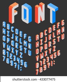 Isometric vertical blocky latin font wit numbers, left and right sides