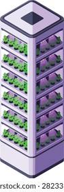 Isometric Vertical Farming Tower with LED Grow Lights and Plants