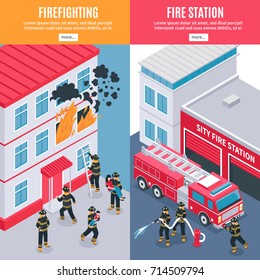 Isometric vertical firefighters and city fire station banners 3d isolated vector illustration