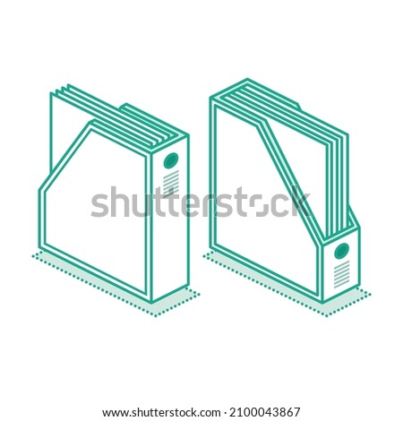 Isometric Vertical Paper Trays Isolated on White Background. Vector Illustration. Outline Icon. Office Document Tray. Front and Back View.