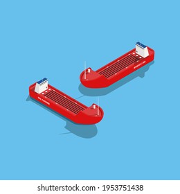 The isometric vessels of an oil tankers is isolated on a blue background.The tankers is transporting oil. Vector illustration