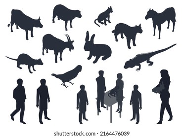 Isometric veterinary animal and owner collection Silhouette design premium vector template