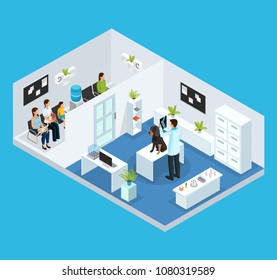 Isometric veterinary clinic concept with queue of people with their pets and veterinarian examining dog in cabinet isolated vector illustration