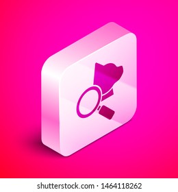 Isometric Veterinary clinic symbol icon isolated on pink background. Magnifying glass with cat veterinary care. Pet First Aid sign. Silver square button. Vector Illustration