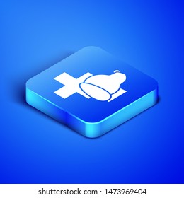Isometric Veterinary clinic symbol icon isolated on blue background. Cross with dog veterinary care. Pet First Aid sign. Blue square button. Vector Illustration