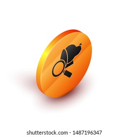 Isometric Veterinary clinic symbol icon isolated on white background. Magnifying glass with dog veterinary care. Pet First Aid sign. Orange circle button. Vector Illustration