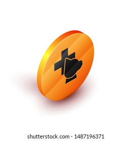 Isometric Veterinary clinic symbol icon isolated on white background. Cross with dog veterinary care. Pet First Aid sign. Orange circle button. Vector Illustration